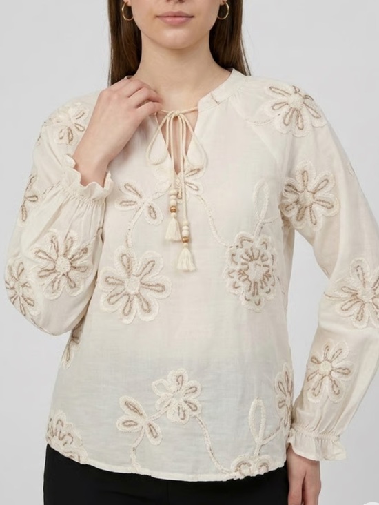 INDUSTRY Tops - Embroidered Cream Tie-Neck Peasant Blouse - Women